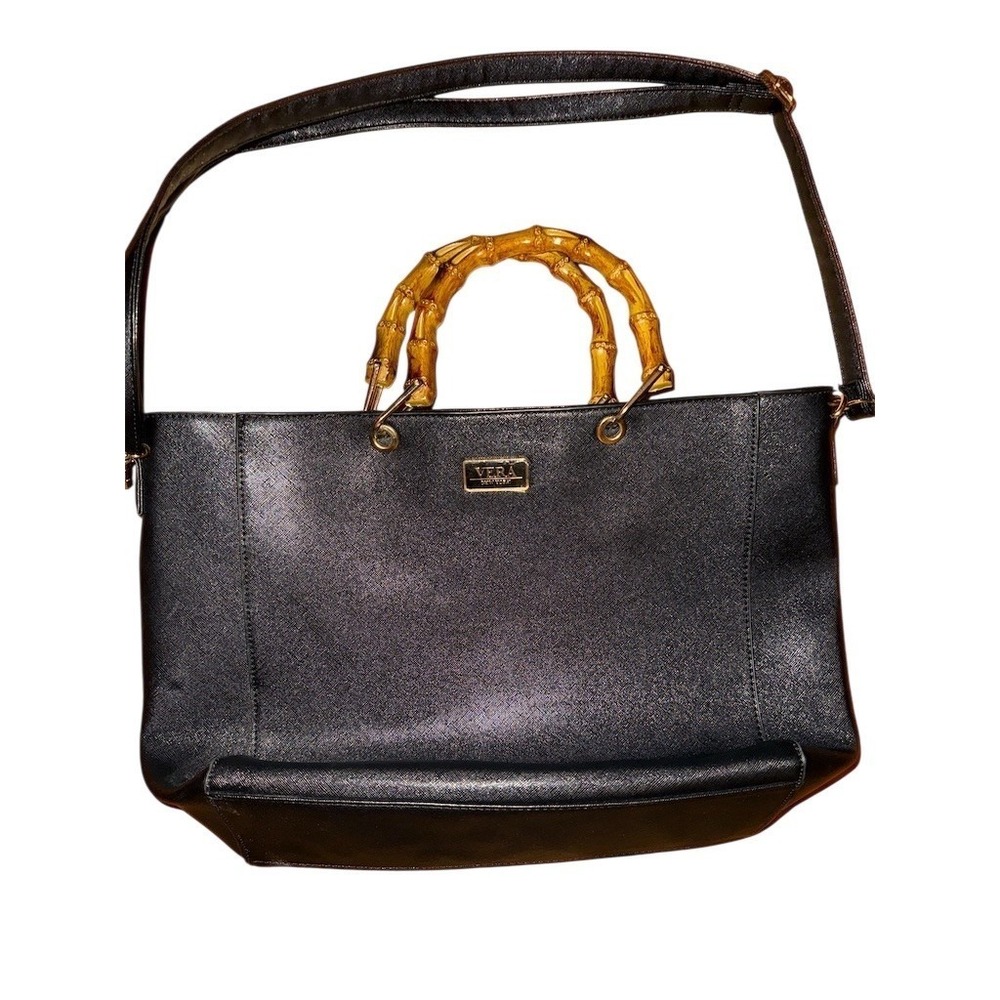 Vera New York Satchel Handbag Womens Large Black Bamboo Handles Strap purse bag